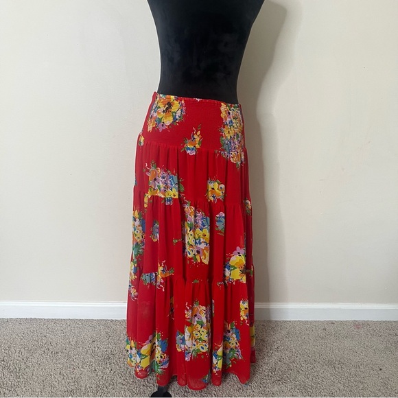 Lauren Ralph Lauren Black Label Red Floral Chiffon Full Maxi Skirt Sz M - Picture 3 of 9